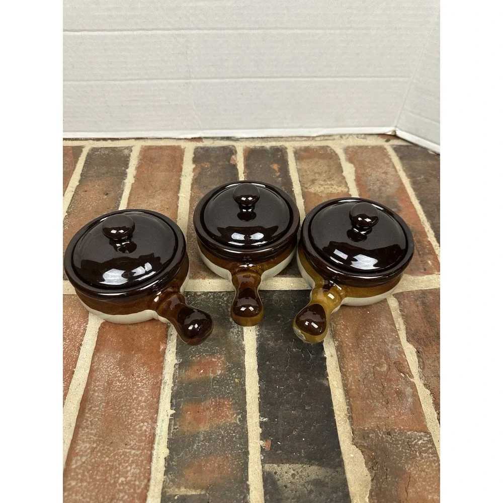 Vintage 70s Single Serve Soup Crock w Lids Set Of Three Glazed Stoneware Handles